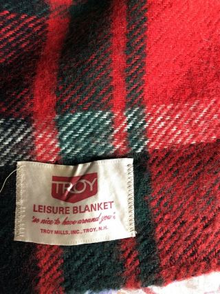 Troy Tartan Plaid 100 Wool Stadium Blanket Fringe 52 X 52 Inch Red Vintage Euc