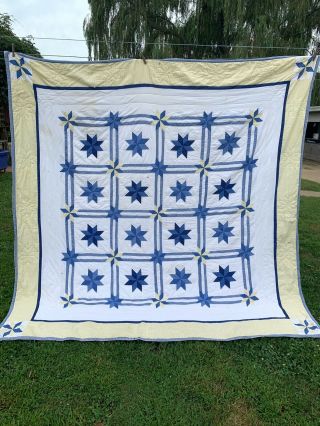 Vintage Factory Made Blue,  Off White & Yellow 8 Pointed Stars Quilt