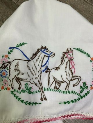 Vintage Standard Pillowcase Embroidered Galloping Horses Flowers