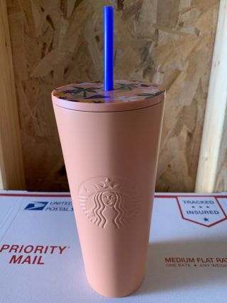 ✅starbucks Summer 2020 24oz Peach Matted Stainless Steel Tumbler With Floral Top