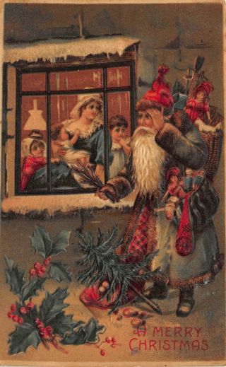 Christmas Postcard Blue Suited Santa Claus Looking In Window Toys Family 123045