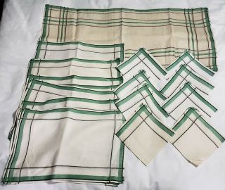 Vintage Linen Table Runner 8 Place Mats And Napkins Green Striped Cabin Set