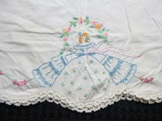 Pr Vtg Cotton Pillowcases Embroidered Southern Belle & Flowers Need Tlc
