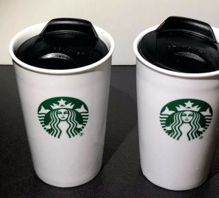 Starbucks 8 Oz White Ceramic Travel Tumbler Mug & Lid Mermaid Logo Set Of 2