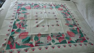 Vintage Cotton Tablecloth,  Pink,  Aqua,  Gray Country Scenes 50 " X48 " Startex
