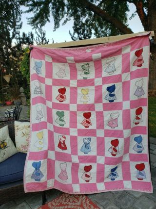 Sunbonnet Sue Handmade Quilt Blanket Girl Bonnet Patchwork Vintage Cutter
