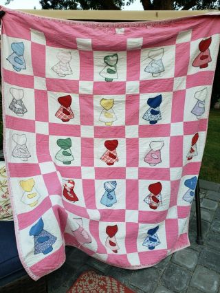Sunbonnet Sue Handmade Quilt Blanket Girl Bonnet Patchwork Vintage Cutter 2