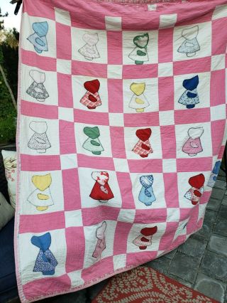 Sunbonnet Sue Handmade Quilt Blanket Girl Bonnet Patchwork Vintage Cutter 3