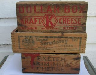3 Vintage Advertising Antique Wooden Cheese Boxes Burns Kraft Exeter