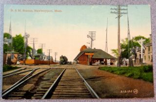 Postcard B&m Train Station Newburyport Massachusetts Photo Vintage Car Tracks Us
