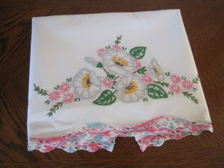 Vintage Single Pillowcase Embroidered Crocheted Garland Of Gray Morning Glories