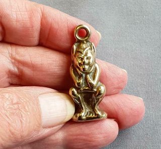 Vintage Brass Pixie On Toadstool Fob Charm / Tamper West Country Myth Magic