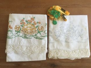 Vintage Pillowcase Set Of 2 Hand Crocheted & Embroidered 1 Finished 1 Unfinished