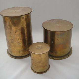 Wwii Inert Japanese Brass Shell Casing Trench Art 3 Canisters,  Lids Smoking Set