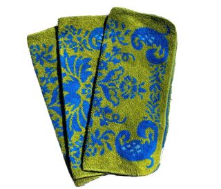 Vintage Mcm Stevens Utica Hand Towels (3) Avocado Blue Reversible Retro Design