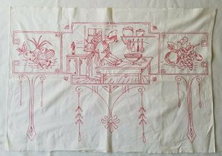Vintage Redwork Embroidery Kitchen Scene