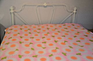 Pink Daisies Vtg 60s Hippie Acrylic Waffle Weave Twin Blanket 88x66 Flower Power