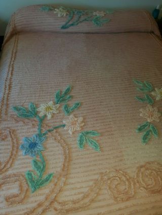 Vtg Chenille Full Bedspread Cotton Peach Florals 90 " X 102 " Candlewick