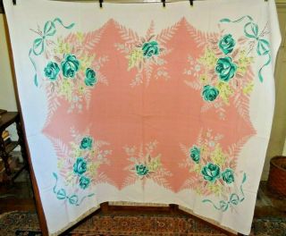 Vintage Mid Century Modern Simtex Tablecloth Floral Ribbon Pink Blue 62 X 50 "