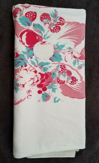 Vtg 1940s 1950s Printed Table Cloth 80 " X 60 " Cotton Floral Pink Blue Euc