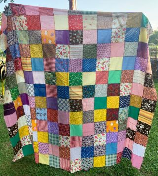 Vintage Quilt Top Made Of Old & Material Hand Sewn 80” X 69”