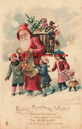 Christmas,  Tuck No 8230,  Red Robe Santa With Toys & Fruit Walking With Children