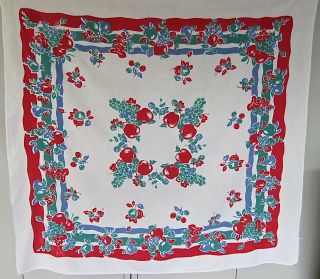 Vintage Red Blue Green W/apple Grapes Pears & Berries Motif Tablecloth 49 " X 45 "