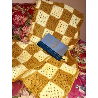 Vintage Gold Granny Square Crocheted Afghan Throw Blanket Mod Boho Hippie 70 