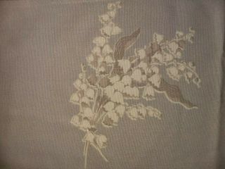 Vintage Hand Print Tablecloth W Matching Napkins Grey Lily Of The Valley 44 X 39