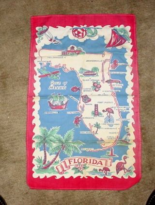 Vintage Florida State Map Souvenir Cotton Kitchen Dish Towel Pre Disney World