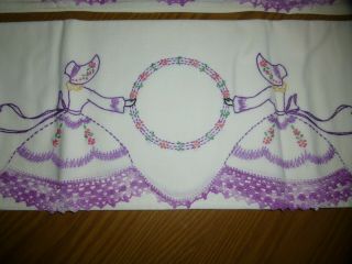 Vintage Pair Pillowcases Embroidered Southern Belle Purple Crocheted Lace Edge