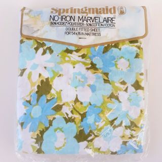 Vintage Springmaid Marvelaire Double Fitted Sheet Blue Green Floral Nos