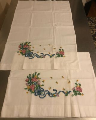 Vintage Floral Embroidered Bouquet Of Roses Flowers Set 2 Standard Pillow Case