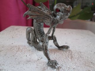 Vintage Pewter Marked Dragon With Wings And Red Ruby Eyes Figurine