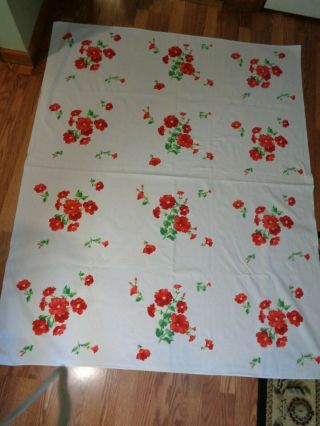 Vintage Wilendure Tablecloth White Red Green Bright Floral Cotton 54x66 Perfect