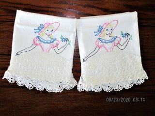 Vtg 21x29 Pink Blue Embroider W White Crochet Southern Belle Cotton Pillowcases