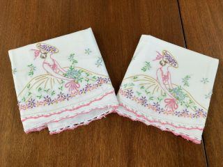 Fabulous Pr Vintage Hand Embr/crochet Edge Pillowcases - Pink Southern Belles