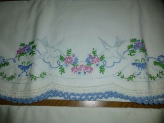 Vintage Pair Pillowcases Embroidered Birds Flowers Blue White Crocheted Edge