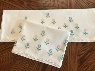 2 Vtg Pillowcases - Cross Stitch Pink/blue Tulips Hand Embroidered Crochet 21”x29 "