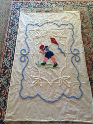Vintage Mid Century Chenille Child’s 40x66” Coverlet Boy With Kite