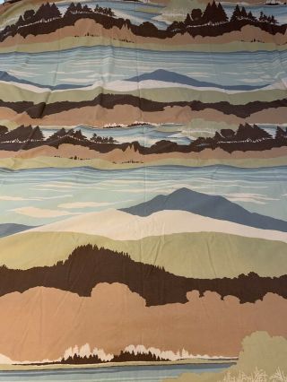 Vtg 1970’s Burlington Flat Sheet Twin Blue & Brown Landscape Trees Mountain