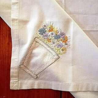 Vintage Table Cloth Small Hand Appliqued & Embroidered Flower Basket 31 " Square