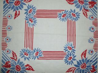 Colorful Vintage Patriotic Tablecloth Red White Blue 1950s Mid Century Retro