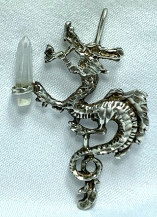 Vintage Sterling Silver Dragon Holding Quartz Crystal Jewelry Pendent Figure Fig