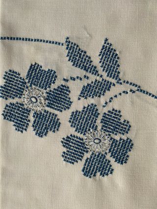 Vintage White Linen Tablecloth W/ Blue Cross - Stitch Flowers - Very Pretty