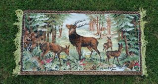 Vntg 60s/ 70s Velvet Fringe Deer Buck Wildlife Wall Hanging Tapestry 46 " X 22 "