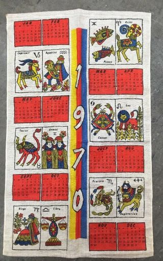 Vintage Zodiac Horoscope Year 1970 Kitchen Towel Linen Wall Hanging Aries Pisces