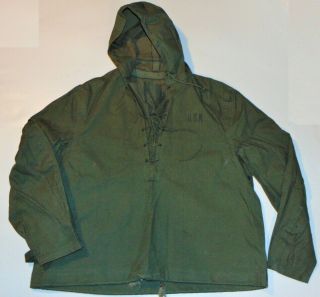 Vintage Wwii Usn Pullover Deck Jacket With Hood Drawstrings Intact U.  S.  Navy M