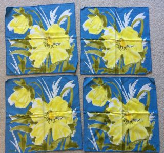 Set Of 4 Vintage Vera Neumann 16 " Square Cloth Napkins Blue Yellow Flower Floral