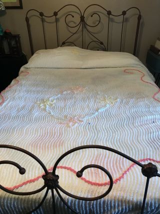 Vintage Full Size Chenille Bedspread White With Lite Pink And Yell Flowers